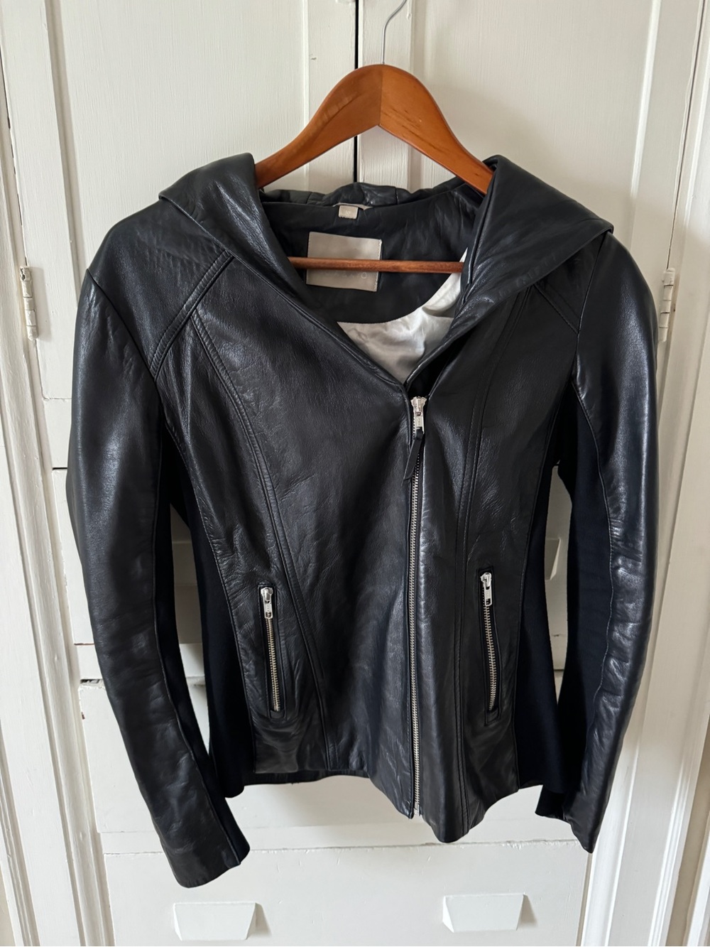 Soia&Kyo Black Leather Hooded Jacket - size Small